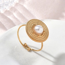 Real 18K Gold Plated 304 Stainless Steel with Plastic Pearls Finger Rings for Women, Flat Round, Real 18K Gold Plated, US Size 8 1/2(18.5mm)