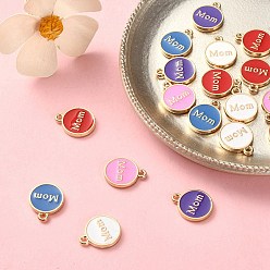 Mixed Color 20Pcs 5 Colors Alloy Enamel Charms, Cadmium Free & Lead Free, Light Gold, Flat Round with Word Mom, Mixed Color, 14.5x12x2mm, Hole: 1.4mm, 4pcs/color