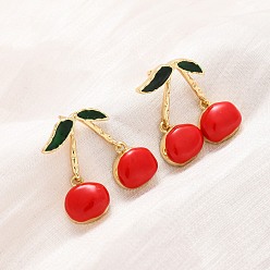 Настоящее золото 18K Вишневые латунные эмалевые серьги-гвоздики, стойки покрытие, прочное покрытие, без кадмия и без свинца, реальный 18 k позолоченный, 21.5x18.5 мм