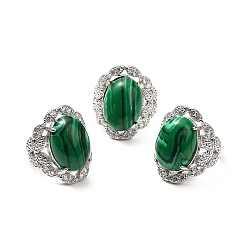 Malachite Synthetic Malachite Adjustable Rings, Platinum Tone Oval Brass Rings for Women, Cadmium Free & Lead Free, US Size 7 3/4(17.9mm), 3.5~5mm