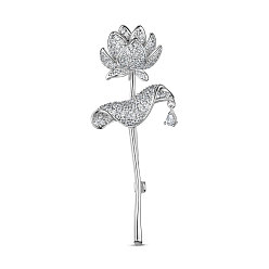 Platin Farbe Messing-Brosche, mit Klasse aaa Kubik Zirkonia, Lotus, Platin Farbe, 65.6x25.8 mm