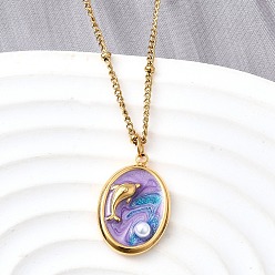 Oval Летний пляж 304 ожерелья из нержавеющей стали с сиреневой эмалью для женщин, с пластиковой жемчужины, реальный 18 k позолоченный, овал с дельфином, 15.94 дюйм (40.5 см), Кулон : 19.5x13x4 мм