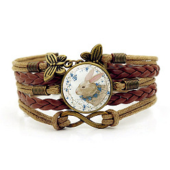 Coconut Brown Easter Rabbit Pattern Glass Link Multi-strand Bracelet, Alloy Butterfly & Infinity Braided Wide Bracelet for Women, Coconut Brown, 6-3/4 inch(17cm)