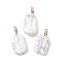 Настоящее золото 18K Подвески из натурального барочного жемчуга кеши, Прямоугольные подвески с латунными микропаве из прозрачных кубических цирконий в качестве застежек., белые, реальный 18 k позолоченный, 22.5~26.5x12x4~6 мм, отверстие : 3.9x2.5 мм