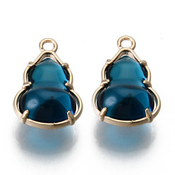 Steel Blue Glass Pendants, with Alloy Open Back Settings, Cadmium Free & Nickel Free & Lead Free, Gourd, Light Gold, Steel Blue, 18.5x11.5x7mm, Hole: 1.6mm