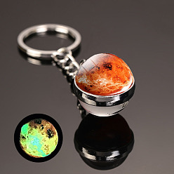 Dark Orange Luminous Glass Pendant Keychain, with Alloy Key Rings, Glow In The Dark, Round with Galaxy, Dark Orange, 8cm