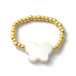 Бабочка Кольцо на палец из натуральной ракушки и тохо с круглыми семенами и плетеной бусиной, бабочка, внутренний диаметр: 16 мм, Бабочка: 9x12 mm