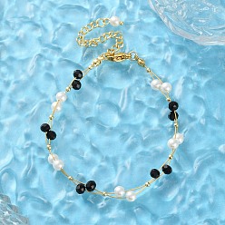 Черный Браслеты из искусственного жемчуга и стеклянных бусин для женщин, с 304 фурнитурой из нержавеющей стали, золотые, чёрные, 6-7/8 дюйм (17.6 см)