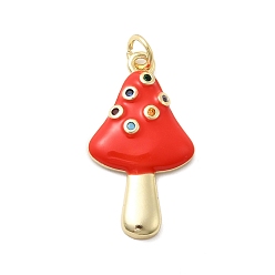 Красный Латунные микро проложить кубического циркония подвески, грибные прелести, с прыгающим кольцом и эмалью, без кадмия и без свинца, стойки покрытие, долговечный, реальный 18 k позолоченный, красные, 26.5x15x3.5 мм, отверстие : 3.4 мм