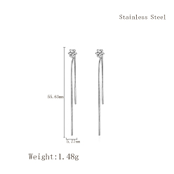 Серебро Элегантные плоские круглые серьги-гвоздики из нержавеющей стали с кисточками, цепочка-оберег, с четким кубического циркония, серебряные, 55.63x5.77 мм