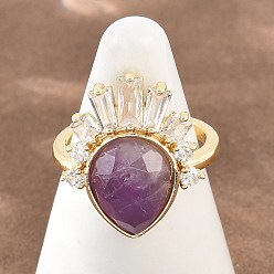 Amethyst Fingerringe aus Messing mit natürlichem Amethyst, Träne, Zirkonia Fingerringe, golden, us Größe 7 1/4 (17.5 mm)