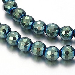 Green Plated Electroplated Non-magnetic Synthetic Hematite Round Beads Strands, Faceted, Green Plated, 6mm, Hole: 1mm, about 71pcs/strand, 15.7 inch