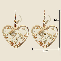 Папайя Оранжевый Серьги-подвески из сплава в форме сердца из смолы, с сухих цветов, золотые, papayawhip, 48x32 мм