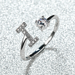 Letter I Манжеты из латуни с микро паве кубический цирконий для женщин, открытые кольца, платина, Буква "i", внутренний диаметр: 16~19 мм