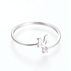 Letter M Кольца-манжеты из стерлингового серебра с родиевым покрытием, устойчивые к потускнению, открытые кольца, с кубического циркония, платина, прозрачные, letter.m, буква м: около 925 мм, Размер 4x5x0.8, 7 мм