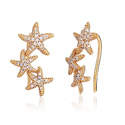 Real 18K Gold Plated 925 Sterling Silver Star Dangle Earrings with Clear Cubic Zirconia for Women, Real 18K Gold Plated, 11x19.2x1mm, Pin: 1mm