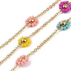 Настоящее золото 18K Ионное покрытие (ip) 304 звенья цепи из нержавеющей стали, с катушкой и стеклянными бусинами, пайки, цветок, реальный 18 k позолоченный, 7.5x7.5x3.5 мм, около 32.81 футов (10 м) / рулон