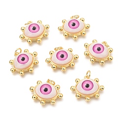 Ярко-Розовый Латунные подвески из акрила, реальный 18 k позолоченный, злые глаза, ярко-розовый, 17x20x7 мм, отверстие : 3.4 мм
