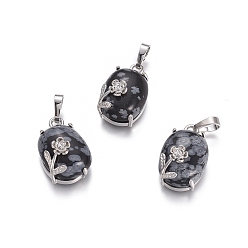 Снежный Обсидиан Естественно снежинка обсидиана подвески, с латунной фурнитурой платинового цвета, овальные с цветком, 22x13.8x10.3 мм, отверстие : 6x3.5 мм