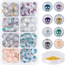 Mixed Color 120Pcs Electroplate Glass Beads, Frosted, Round with Skull Pattern, with Round Crystal Elastic Stretch Thread, Mixed Color, 10mm, Hole: 1.5mm