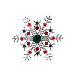 Silver Christmas Snowflake Alloy Rhinestone Brooches, Silver, 50x50mm