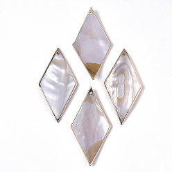 Золотой Естественных пресноводных оболочки большие кулоны, край позолоченный, ромб, золотые, 63~67x32~33x2~4 мм, отверстие : 1.4~1.6 мм