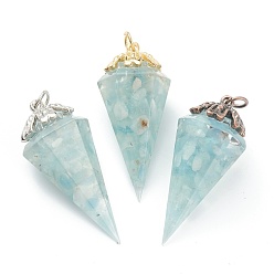 Aquamarine Resin Pointed Pendants, with Natural Aquamarine Inside and Brass Findings, Faceted, Cone/Spike/Pendulum, 43.5x17x19.5mm, Jump Ring: 6x1mm, 4mm Inner Diameter