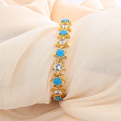 Темно-Голубой Женские браслеты из латуни с кубическими циркониями, звезда, с синтетическими бирюзовый, реальный 18 k позолоченный, глубокое синее небо, внутренний диаметр: 7-1/8 дюйм (18 см)