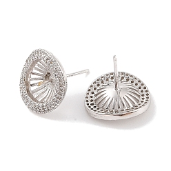 Real Platinum Plated 925 Sterling Silver Micro Pave Cubic Zirconia Earring Settings Findings, for Half Drilled Beads, Flat Round, Real Platinum Plated, 13.5x15mm, Pin: 0.8mm