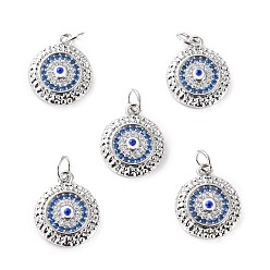 Platinum Brass Micro Pave Cubic Zirconia Pendants, with Enamel, Long-Lasting Plated, Cadmium Free & Lead Free, Flat Round with Evil Eye, Real Platinum Plated, 15x12.5x3.5mm, Hole: 3.6mm