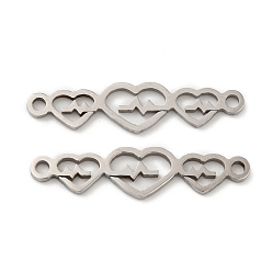 Stainless Steel Color Non-Tarnish 201 Stainless Steel Connector Charms, Triple Heart Links, Stainless Steel Color, 5x22x0.7mm, Hole: 1.2mm
