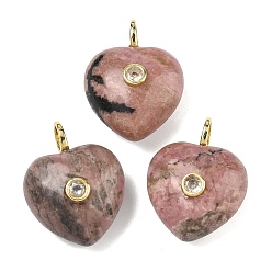 Родонит Природные подвески родонит, подвески в форме сердца с латунной микропаве из прозрачных кубических цирконий, золотые, 25.5~26.5x20.5x12~13 мм, отверстие : 4.5 мм