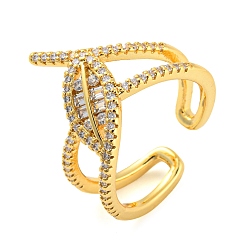 Real 18K Gold Plated Leaf Shape Brass Micro Pave Cubic Zirconia Open Cuff Ring, Long-Lasting Plated, Cadmium Free & Lead Free, Real 18K Gold Plated, Inner Diameter: 18mm