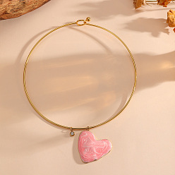 Golden 304 Stainless Steel Enamel Pink Heart Pendant Choker Necklaces for Women, Torques Necklaces, Golden, Inner Diameter: 5.31 inch(13.5cm)