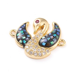 Golden Brass Micro Pave Cubic Zirconia Links Connectors, with Abalone Shell/Paua Shell, Cadmium Free & Nickel Free & Lead Free, Swan, Clear, Golden, 22.4x18.5x3mm, Hole: 1.4mm