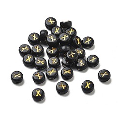 Letter X Покрытие непрозрачных акриловых бисер, золотой металл обвитыми, плоские круглые с буквы, Письмо X, 7x3.5 мм, отверстие : 1.2 мм, Около 3846 шт / 500 г