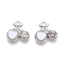 Платина Стеклянные подвески из сплава с покрытием стойки, со стразами, черри прелести, платина, 14x14.5x5 мм, отверстие : 1.6 мм