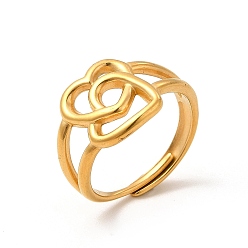 Золотой Железное покрытие (IP) 304 Регулируемое кольцо из нержавеющей стали с двойным сердцем для женщин, золотые, внутренний диаметр: 19 мм