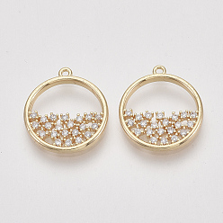 Clear Brass Micro Pave Cubic Zirconia Pendants, Flat Round, Nickel Free, Real 18K Gold Plated, Clear, 17x15x2mm, Hole: 1mm