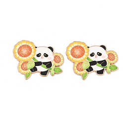 Yellow Floral Panda Alloy Enamel Cabochons, with Self Adhesive Sticker, Light Gold, Yellow, 26x31.5x1.5mm