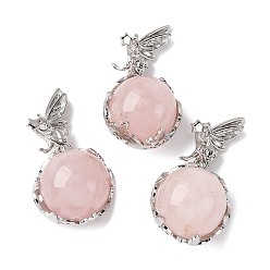 Розовый Кварц Натуральные розовые кварцевые круглые подвески, латунный ангел бабочка обернутый шарик драгоценные камни подвески, платина, стойки покрытие, 30.5x16.5x14 мм, отверстие : 5.5x2.5 мм
