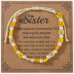 Желтый Браслеты из плетеного бисера и искусственного жемчуга в богемном стиле, Регулируемые браслеты из плетеного нейлонового шнура для женщин, подсолнечник, с круглыми бусинами из золотой латуни и картоном, желтые, 11.02 дюйм (28 см)