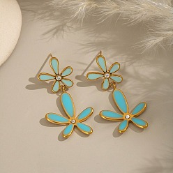 Настоящее золото 18K 304 серьги-гвоздики с эмалированными цветами из нержавеющей стали, с кристально горный хрусталь, ионное покрытие (ip), без кадмия, без никеля и без свинца, реальный 18 k позолоченный, 37.5x19.5 мм