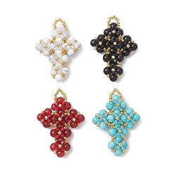 Настоящее золото 18K Подвески-крестики из натуральных и синтетических драгоценных камней, круглые бусины и стеклянные бусины, с латунью и стеклом, реальный 18 k позолоченный, 49.5x34.5x11.5 мм, отверстие : 5 мм
