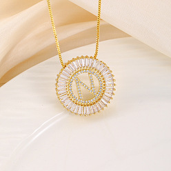 Letter N Кольцо из латуни с прозрачными кубическими цирконами и подвеской в виде буквы, цепочка-коробка, золотые, Письмо N, 17.72 дюйм (45 см)