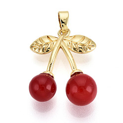 Красный Подвески латуни cmолы, вишня, реальный 18 k позолоченный, красные, 23.5x17x8 мм, отверстие : 4x2 мм