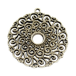 Antique Silver Tibetan Style Alloy Hollow Flat Round Big Pendants, Cadmium Free & Lead Free, Antique Silver, 53x49x2mm, Hole: 3mm