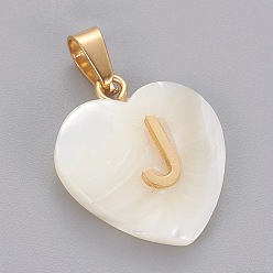 Letter J Shell Anhänger, mit 304 Edelstahl Zubehör, Herz mit Brief, golden, letter.j, 23.5x20x7 mm, Bohrung: 3.5x7 mm