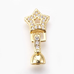 Real 18K Gold Plated Brass Micro Pave Cubic Zirconia Fold Over Clasps, Star, Clear, Real 18K Gold Plated, 23mm, Inner: 4mm
