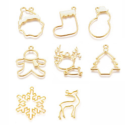 Golden Christmas Zinc Alloy Open Back Bezel Pendants, For DIY UV Resin, Epoxy Resin, Pressed Flower Jewelry, Deer & Snowflake & Tree & Gingerbread Man & Snowman & Sock & Santa Claus, Golden, 29.5~41x19.5~34x1.5~2mm, Hole: 1.4~2.6mm, 8pcs/set